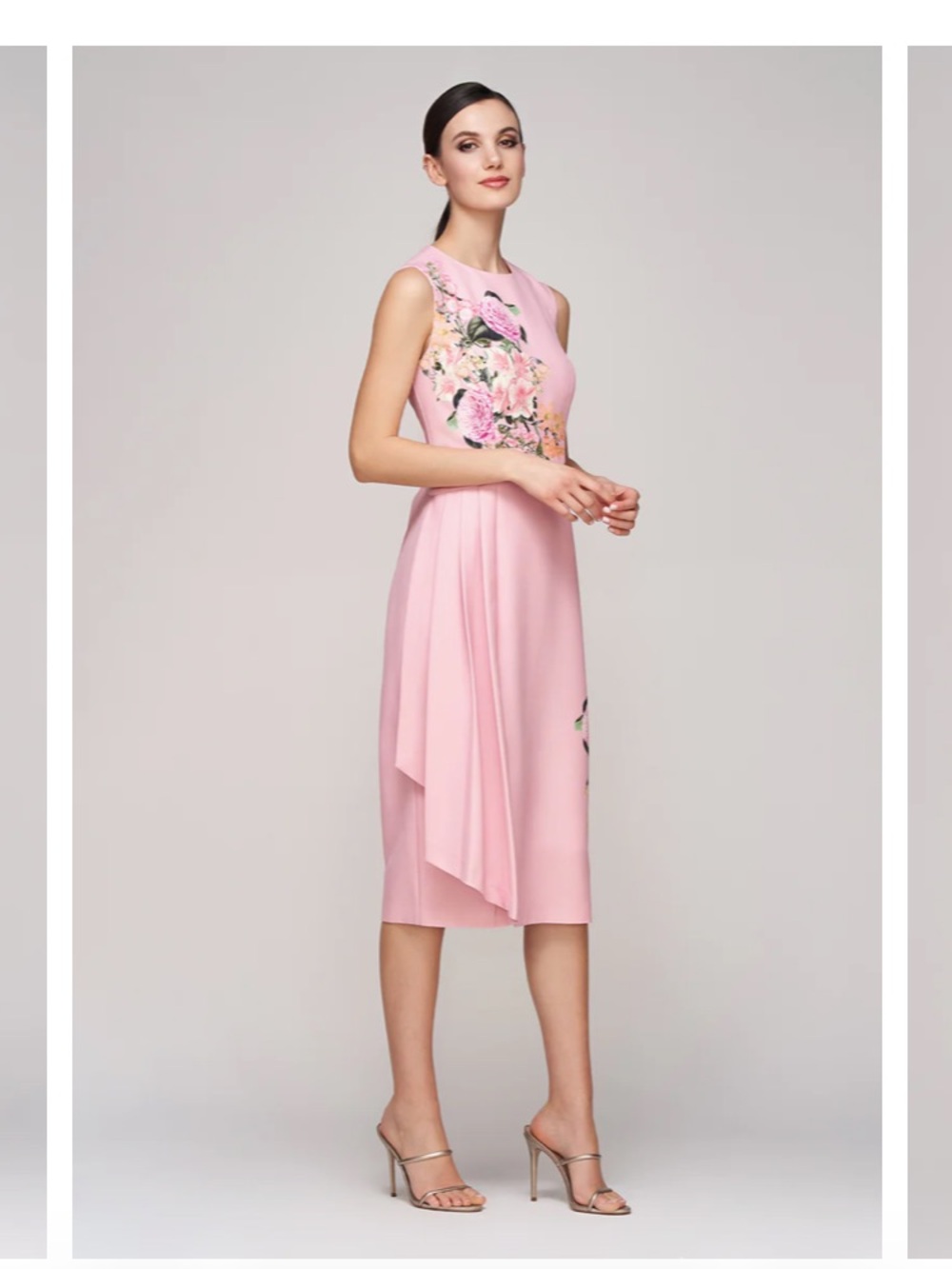 Kay Unger Pink Floral Midi Dress with Draped Overlay